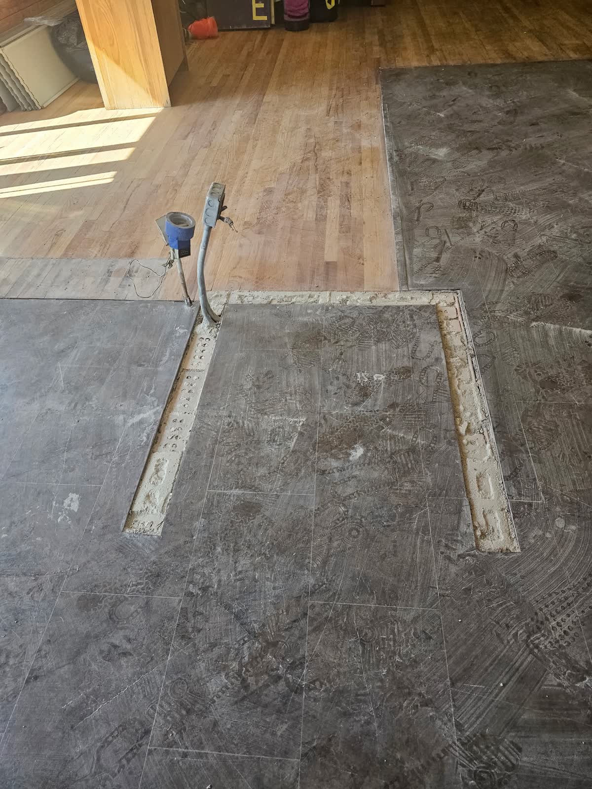 Main floor with flooring torn up and subfloor preparation in progress