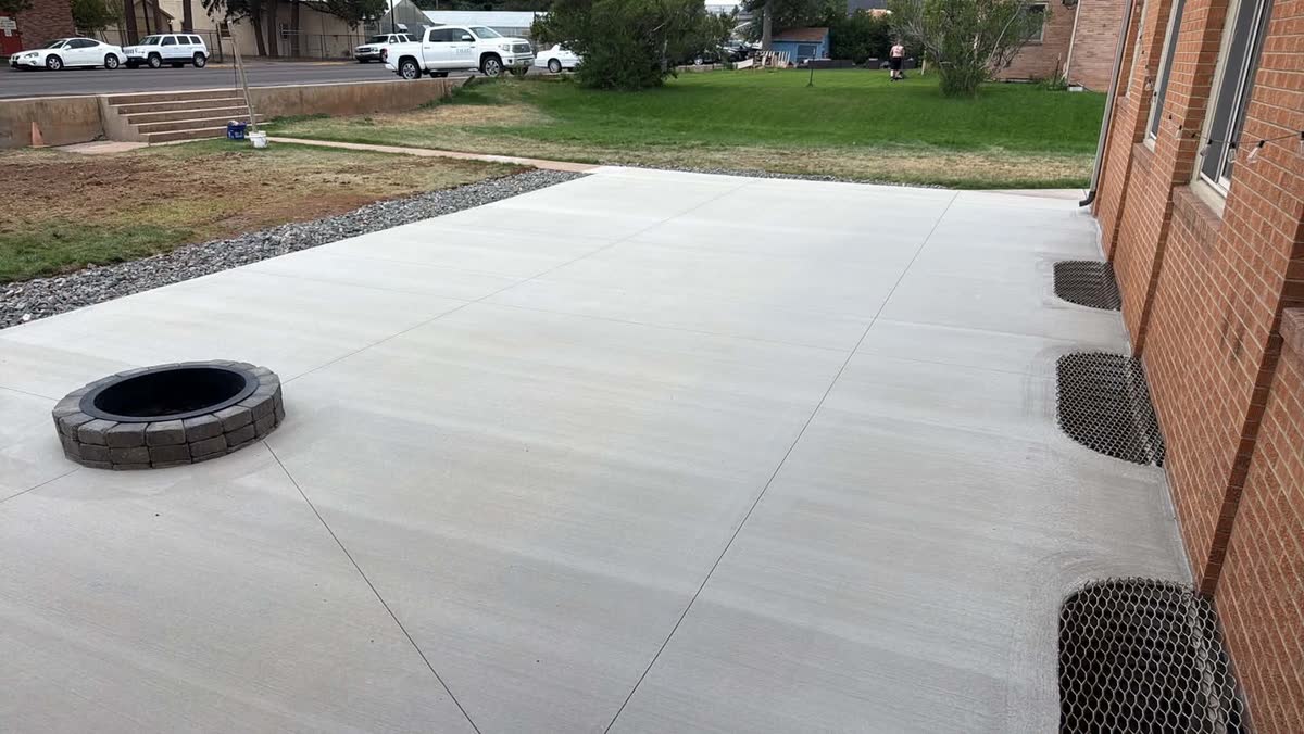 Patio fully cured with fire pit, July 20 2026